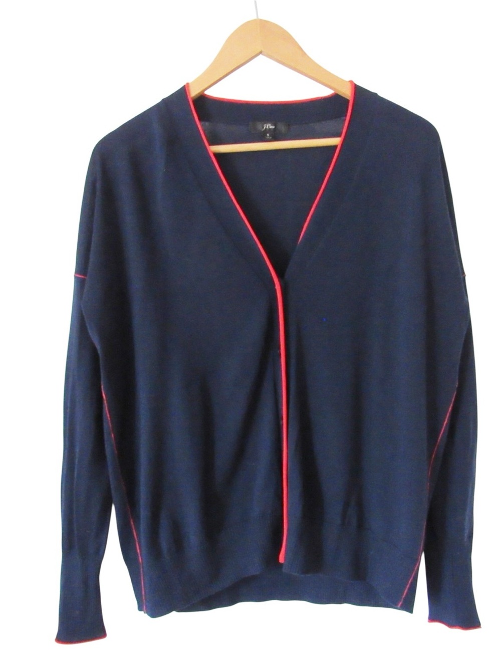 J Crew Tipped Merino Wool Cardigan Sweater Small Navy Blue Red Trim Preppy